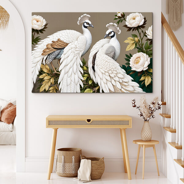 Couple de paons blancs sur une branche avec des fleurs Tableaux Couple de paons blancs sur une branche avec des fleurs