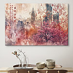 Tableaux Arbre rose avec des feuilles roses devant une ville