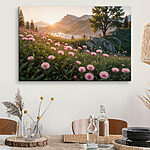 Tableaux Champ de fleurs roses avec un arbre et des montagnes en arrière-plan