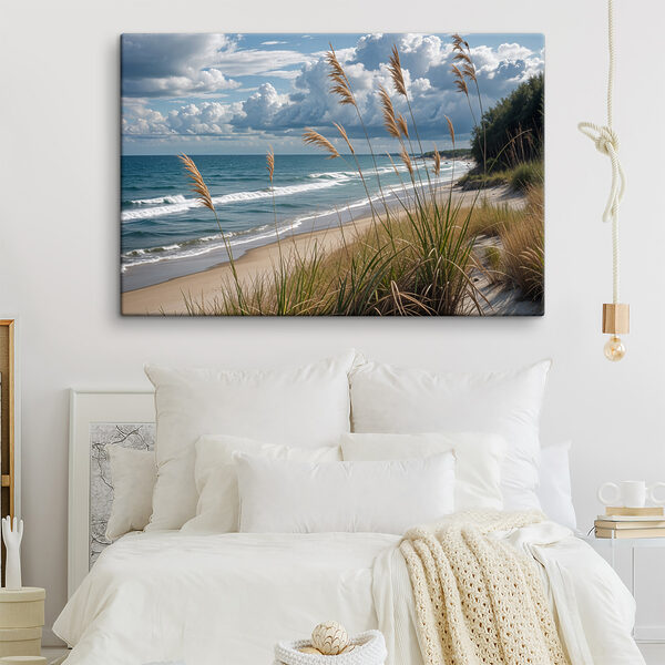 Plage avec des herbes hautes et de l'eau Tableaux Plage avec des herbes hautes et de l'eau