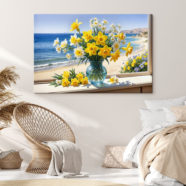 Vase de fleurs jaunes et blanches sur le rebord d'une fenêtre Tableaux Vase de fleurs jaunes et blanches sur le rebord d'une fenêtre