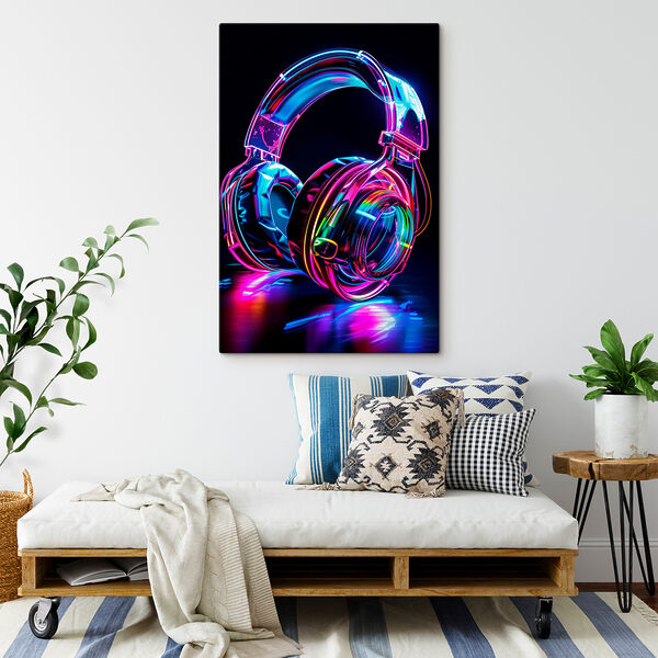Casque d'écoute coloré sur fond noir Tableaux Casque d'écoute coloré sur fond noir