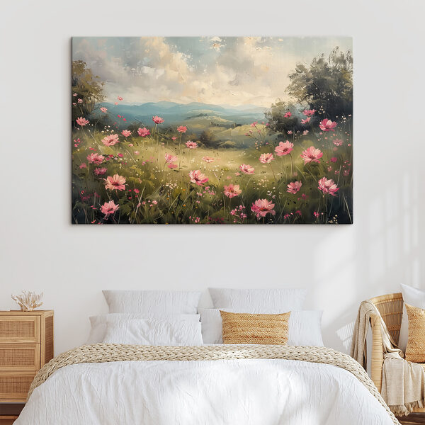 Peinture d'un champ de fleurs roses Tableaux Peinture d'un champ de fleurs roses