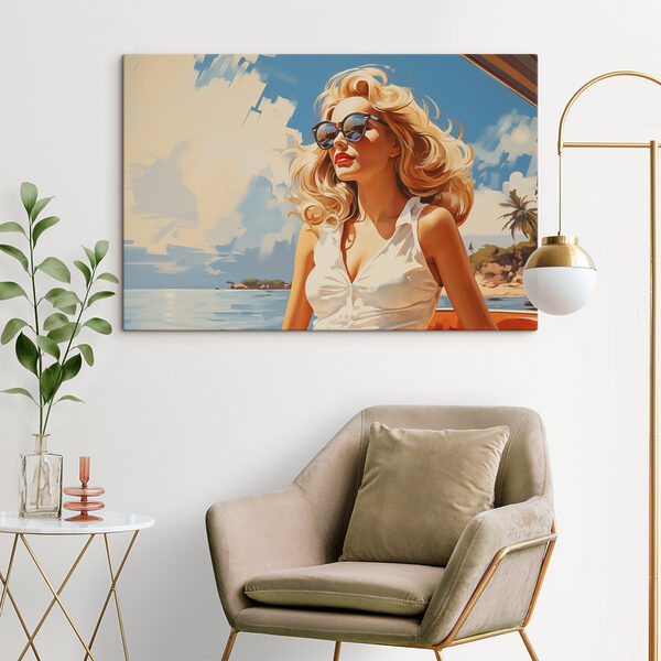 Femme portant des lunettes de soleil et une robe blanche Tableaux Femme portant des lunettes de soleil et une robe blanche