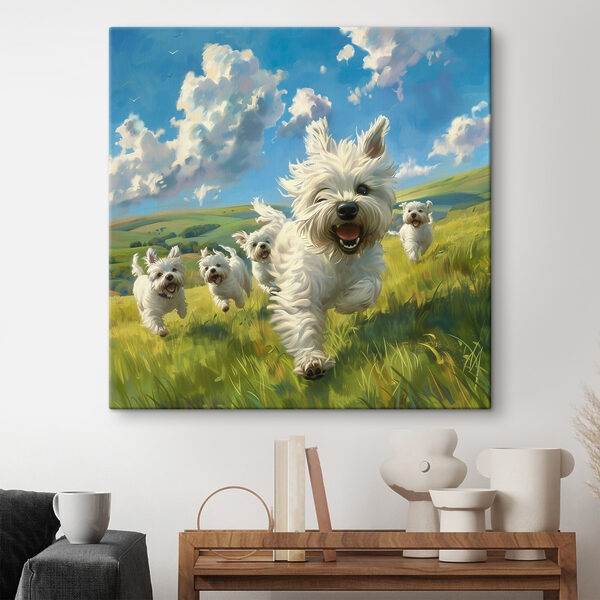 Groupe de chiens blancs courant dans un champ Tableaux Groupe de chiens blancs courant dans un champ