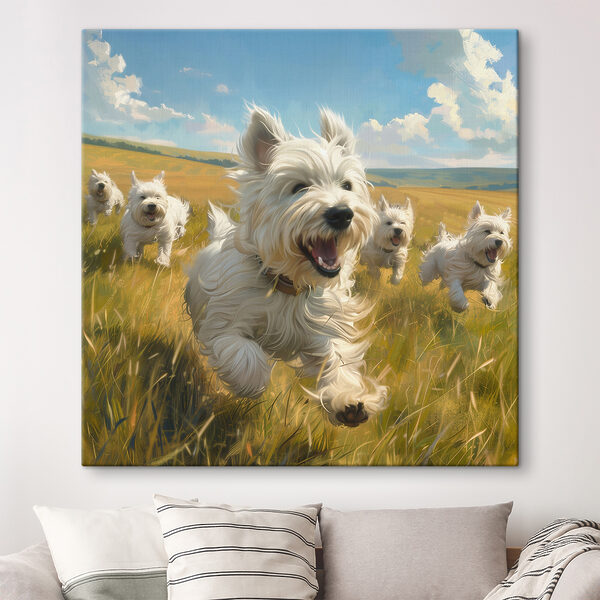 Groupe de chiens blancs courant dans un champ Tableaux Groupe de chiens blancs courant dans un champ