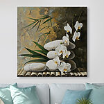 Tableaux Peinture de fleurs blanches et de feuilles vertes sur une surface en bambou