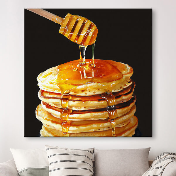 Pile de crêpes avec du miel coulant d'un bâton en bois Tableaux Pile de crêpes avec du miel coulant d'un bâton en bois