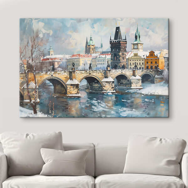 Pont sur l'eau avec des bâtiments et de la neige Tableaux Pont sur l'eau avec des bâtiments et de la neige