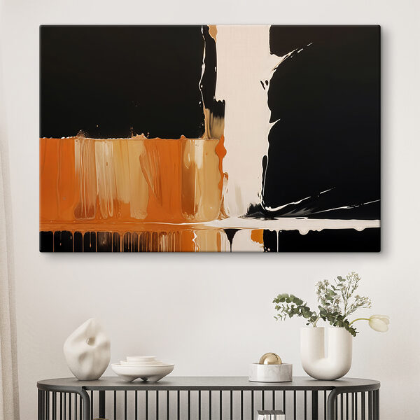 Peinture blanche et orange dégoulinant sur une surface noire Tableaux Peinture blanche et orange dégoulinant sur une surface noire