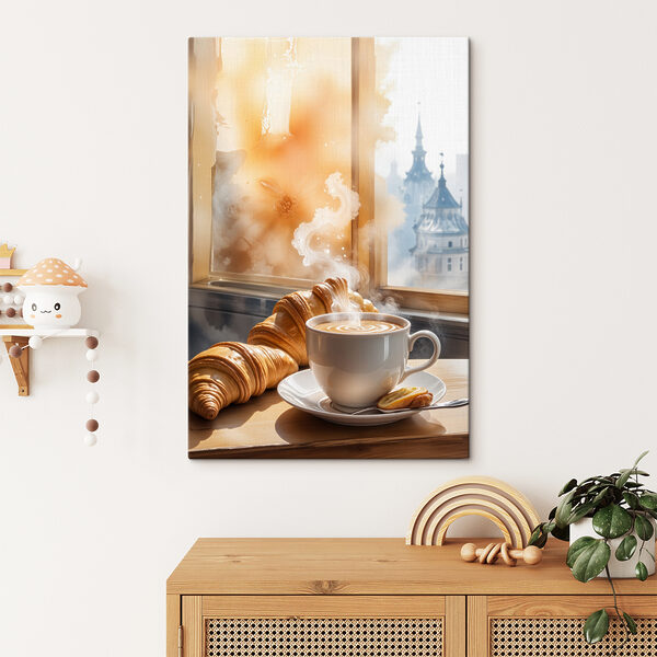 Tasse de café et croissants sur une table Tableaux Tasse de café et croissants sur une table