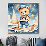 Tableaux Ourson en costume de marin sur un bateau