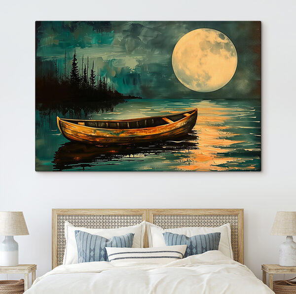 Bateau dans l'eau avec la pleine lune en arrière-plan Tableaux Bateau dans l'eau avec la pleine lune en arrière-plan