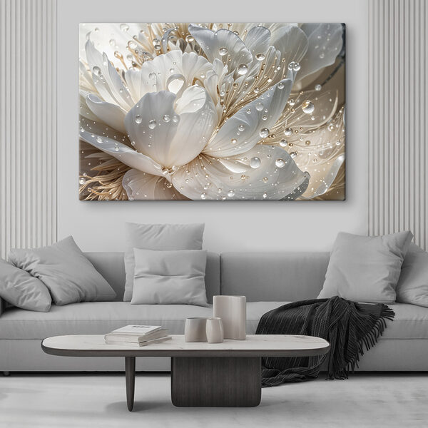 Des gouttes de rosée sur des pétales d'un blanc immaculé Tableaux Des gouttes de rosée sur des pétales d'un blanc immaculé