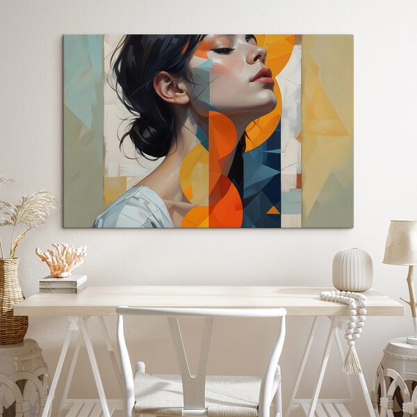 Femme aux cheveux noirs et aux cercles orange et bleus Tableaux Femme aux cheveux noirs et aux cercles orange et bleus