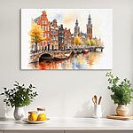 Tableaux Aquarelle d'un canal avec des bateaux et des bâtiments