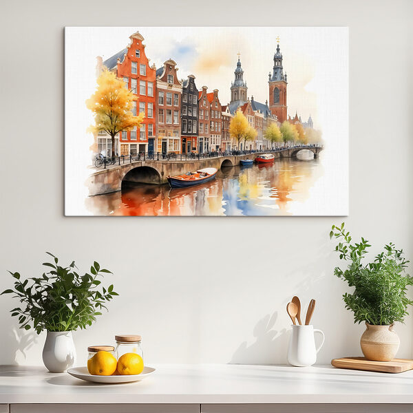 Aquarelle d'un canal avec des bateaux et des bâtiments Tableaux Aquarelle d'un canal avec des bateaux et des bâtiments