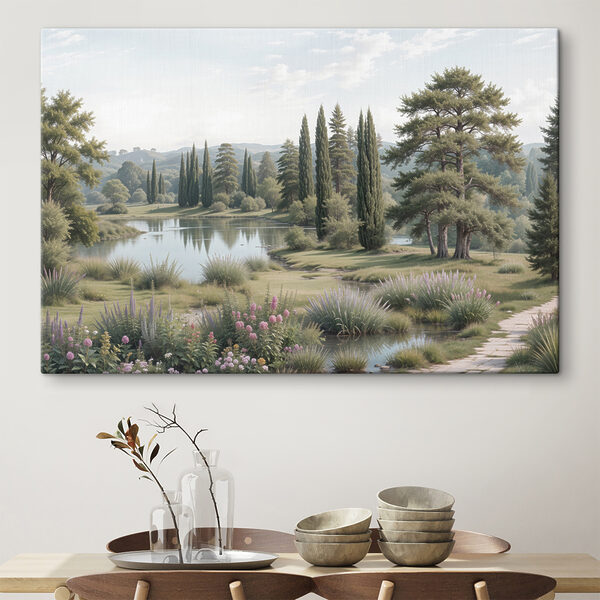 Lac avec des arbres, de l'herbe et des fleurs Tableaux Lac avec des arbres, de l'herbe et des fleurs