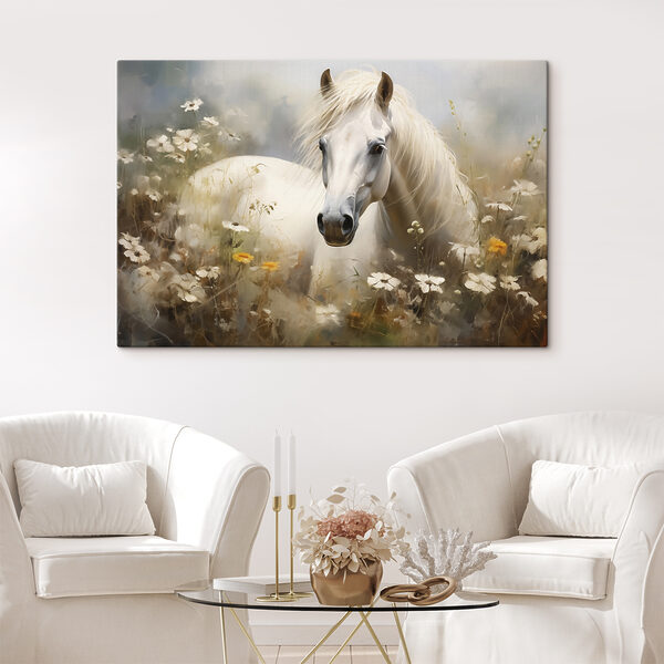 Cheval blanc dans un champ de fleurs Tableaux Cheval blanc dans un champ de fleurs