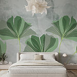 Papier peint Feuilles vertes sur fond gris