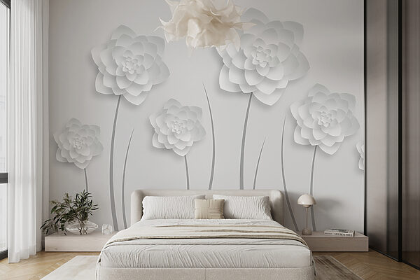 Fleurs en papier blanc sur fond blanc Papier peint Fleurs en papier blanc sur fond blanc
