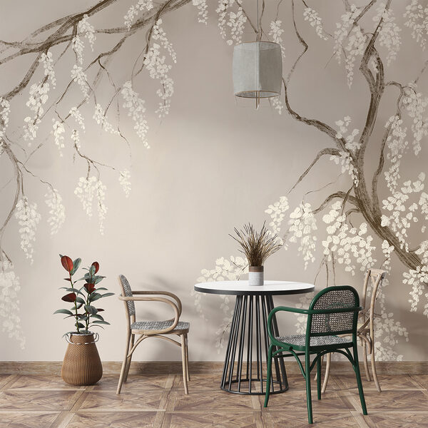 Papier peint Branche d'arbre avec des fleurs blanches