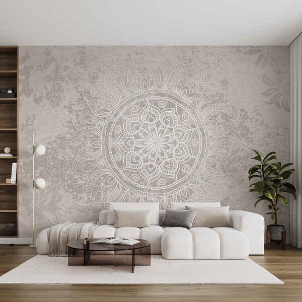 Papier peint Mandala blanc et gris