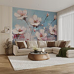 Papier peint Peinture de fleurs sur fond bleu