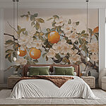Papier peint Peinture d'une branche avec des fleurs blanches et des oranges