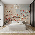 Papier peint Peinture d'un arbre avec des fleurs blanches
