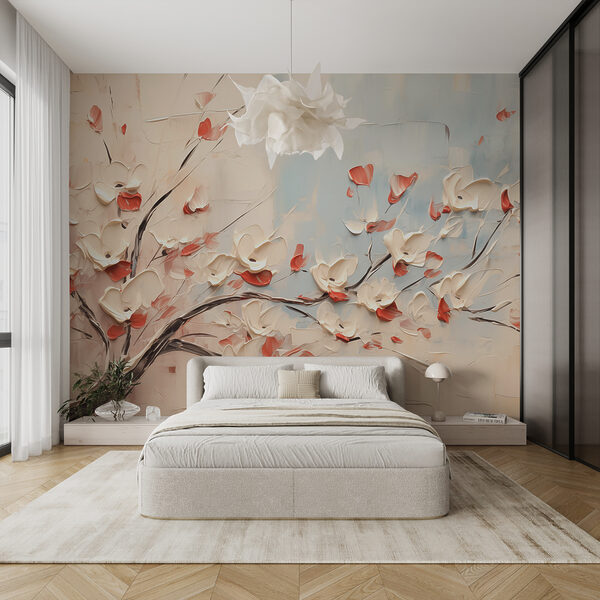Peinture d'un arbre avec des fleurs blanches Papier peint Peinture d'un arbre avec des fleurs blanches