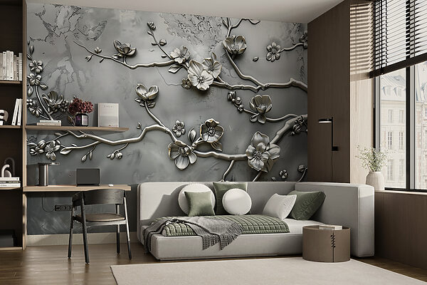 Papier peint Motif floral argenté sur un mur