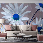 Papier peint Groupe de fleurs blanches avec centre bleu