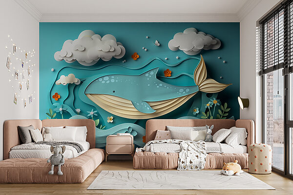Baleine en papier découpé dans l'océan Papier peint Baleine en papier découpé dans l'océan