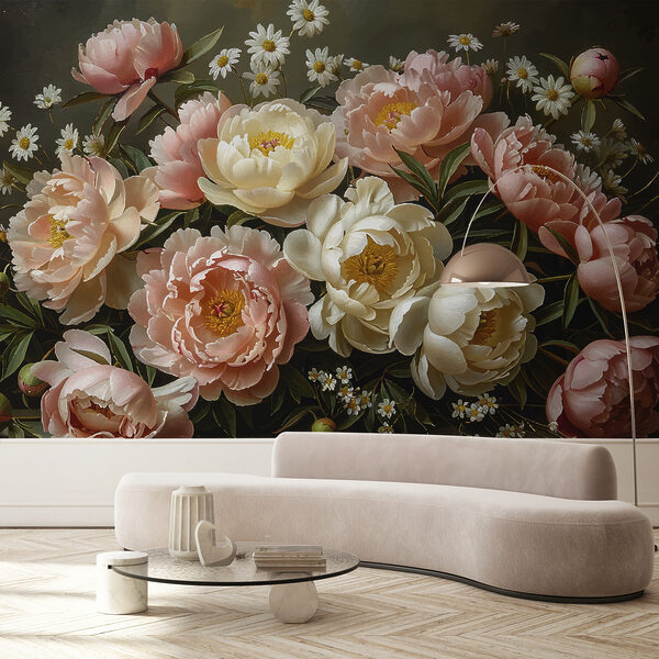 Papier peint Bouquet de fleurs roses et blanches