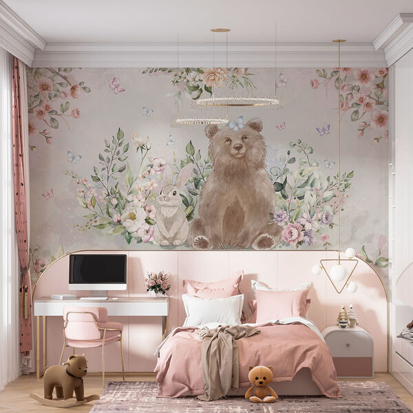 Ours et lapin avec des fleurs Papier peint Ours et lapin avec des fleurs