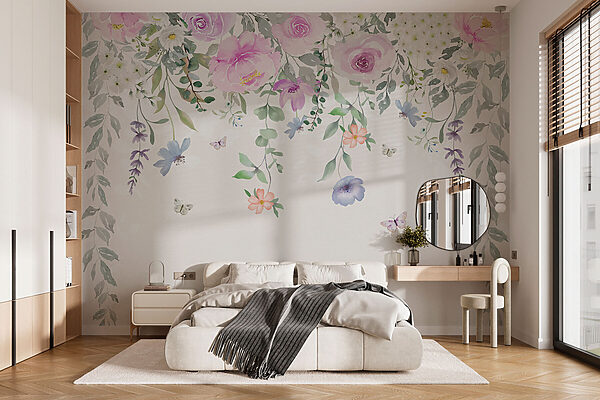 Peinture de fleurs et de papillons Papier peint Peinture de fleurs et de papillons