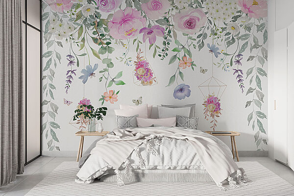 Peinture de fleurs et de papillons Papier peint Peinture de fleurs et de papillons