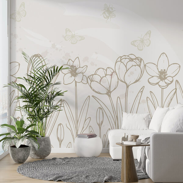 Dessin au trait de fleurs et de papillons Papier peint Dessin au trait de fleurs et de papillons