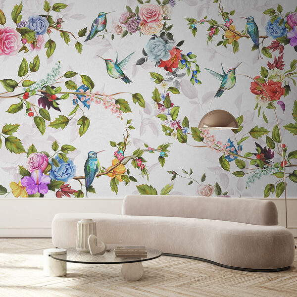 Papier peint avec des fleurs et des oiseaux Papier peint Papier peint avec des fleurs et des oiseaux