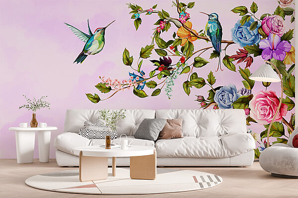 Peinture d'oiseaux sur une branche avec des fleurs Papier peint Peinture d'oiseaux sur une branche avec des fleurs