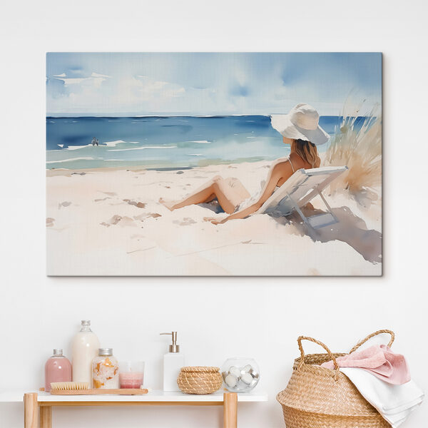 Femme assise sur une chaise sur une plage Tableaux Femme assise sur une chaise sur une plage