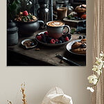 Tableaux Tasse de café avec un latte art sur une assiette avec des fruits et des céréales
