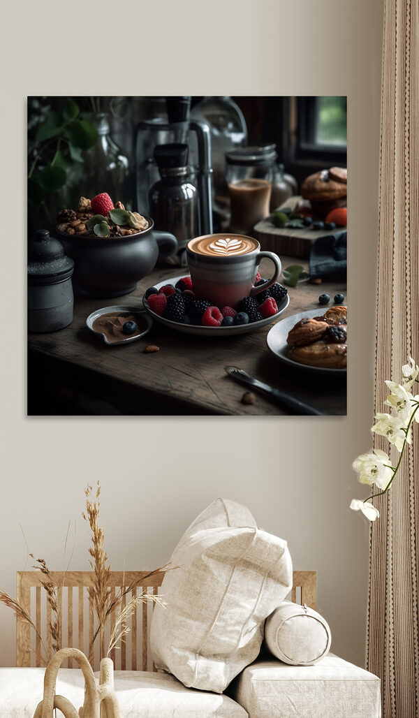 Tasse de café avec un latte art sur une assiette avec des fruits et des céréales Tableaux Tasse de café avec un latte art sur une assiette avec des fruits et des céréales