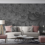 Papier peint Motif floral gris et blanc