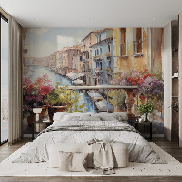 Aquarelle d'une rivière avec une rangée de bâtiments et des fleurs sur un balcon Papier peint Aquarelle d'une rivière avec une rangée de bâtiments et des fleurs sur un balcon