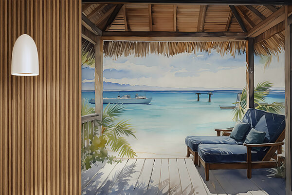 Aquarelle d'une plage avec des chaises et un bateau Papier peint Aquarelle d'une plage avec des chaises et un bateau