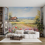 Papier peint Peinture d'une maison et de fleurs