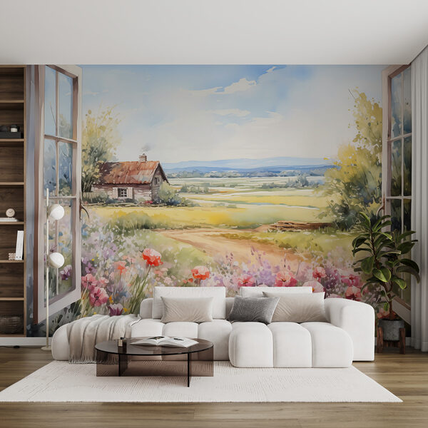Peinture d'une maison et de fleurs Papier peint Peinture d'une maison et de fleurs