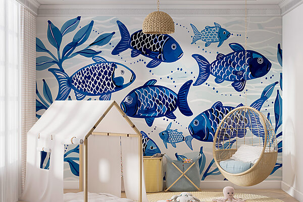 Groupe de poissons bleus nageant dans l'eau Papier peint Groupe de poissons bleus nageant dans l'eau